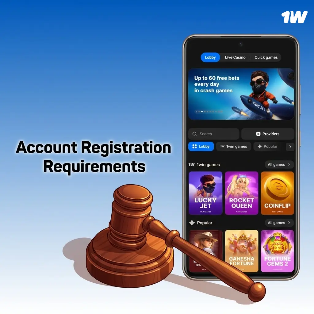 1w account registration requirements showing age verification, one account policy, and eligibility criteria for real-money gambling