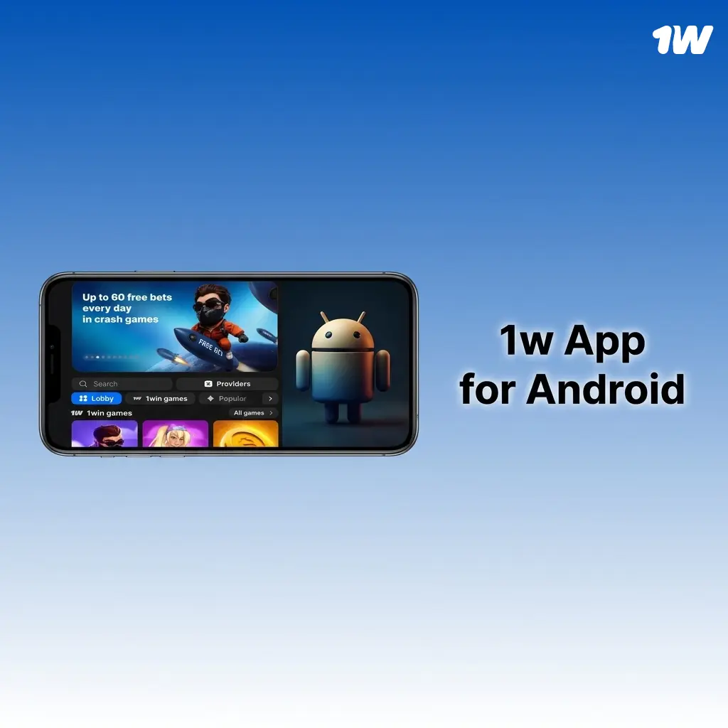 1w Android app interface showing sports betting and casino games available for free download on mobile devices