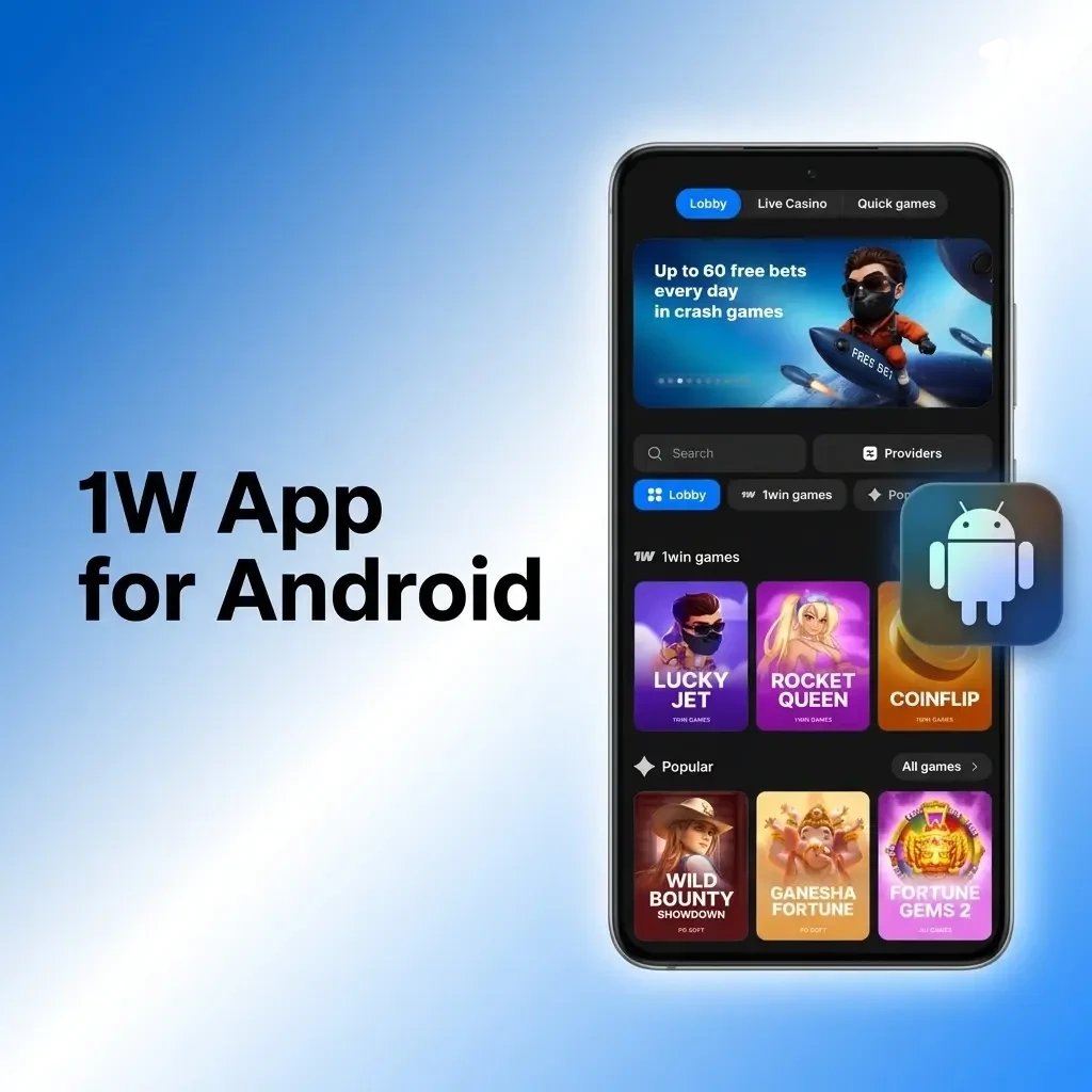 1w Android app APK download screen showing sports betting and live casino features on a mobile device