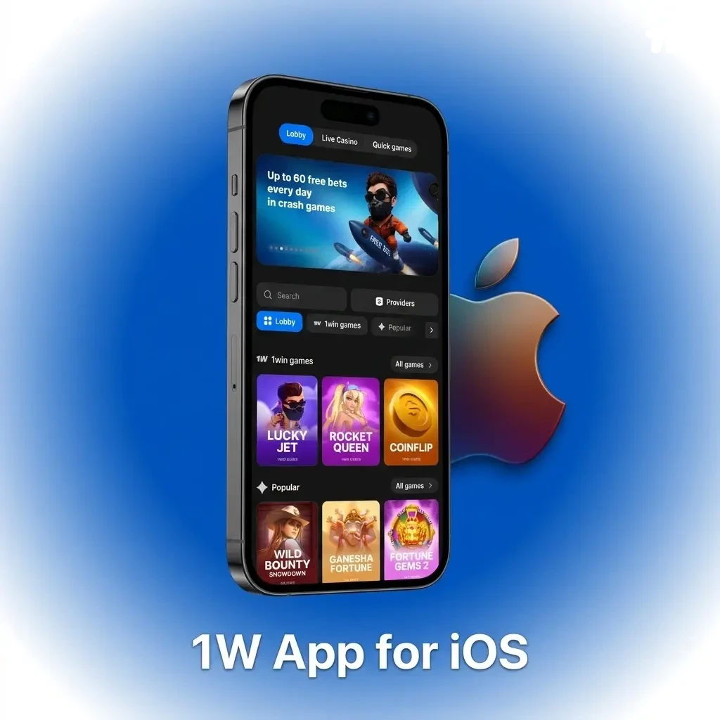 1w iOS app interface optimized for iPhone and iPad with betting and casino features accessible from the home screen