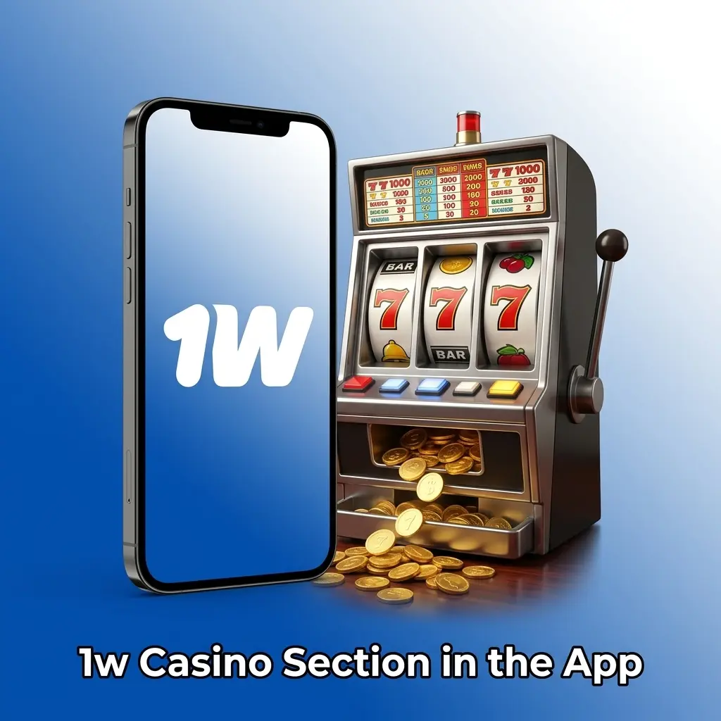 1w casino app interface showing organized game categories including slots, live casino, crash games, and table games