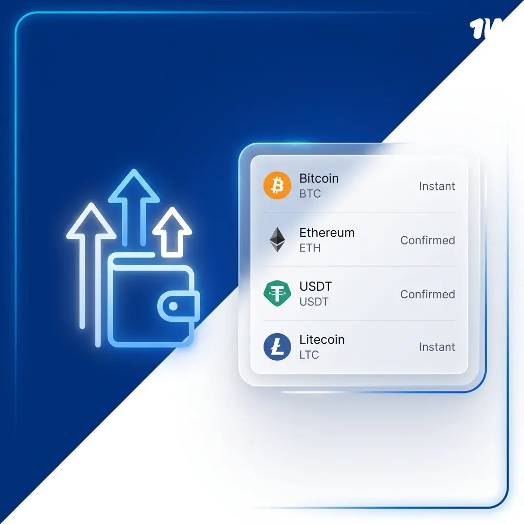 1w casino deposit methods showing Bitcoin, Ethereum, Tether, Litecoin, and Ripple cryptocurrency options