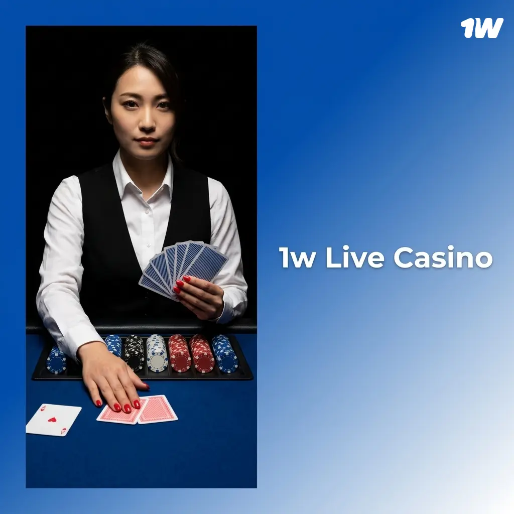 1w Live Casino HD video stream with professional dealers hosting roulette, blackjack, baccarat, poker, and game shows