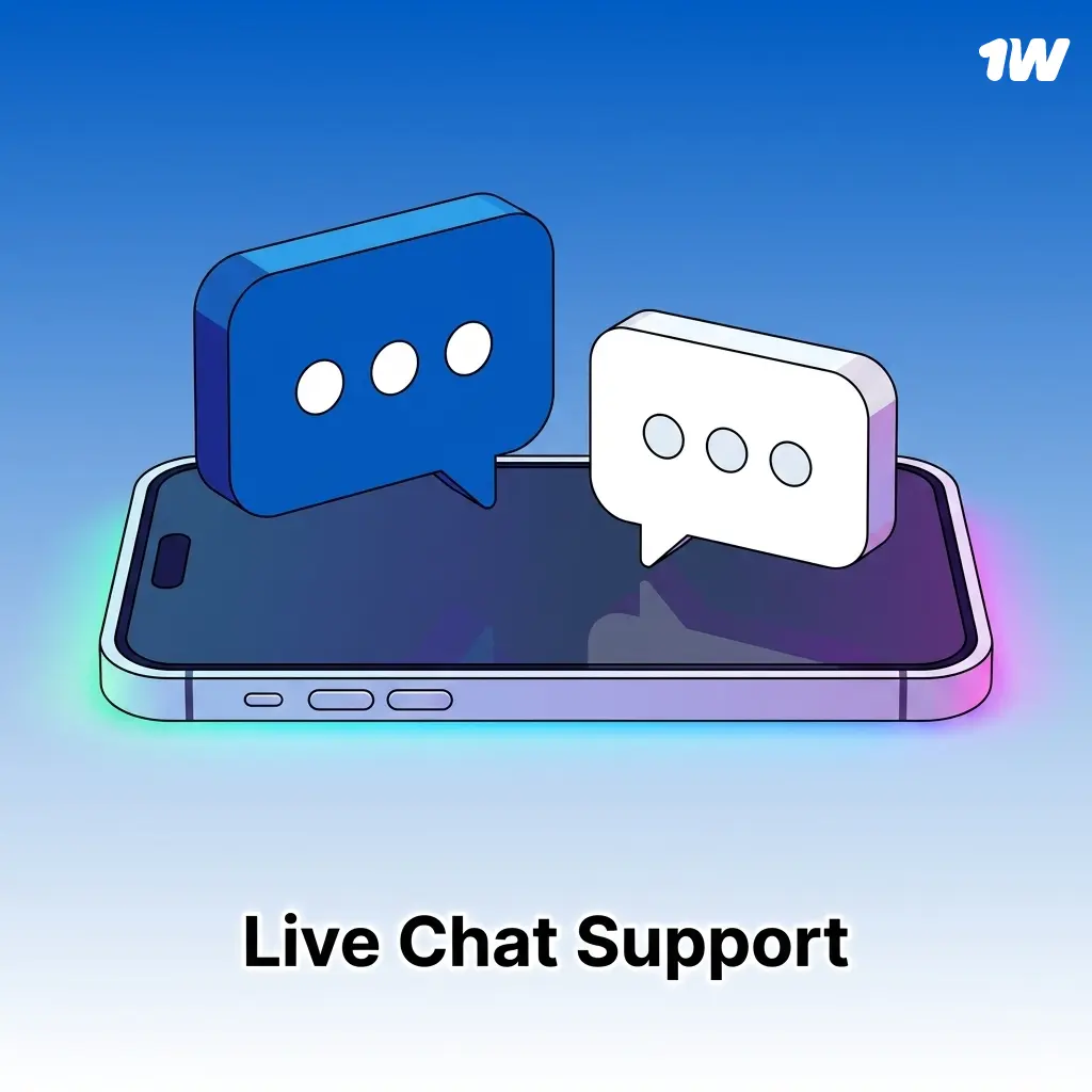 1w live chat support interface showing 24/7 instant messaging access for account, bonus, and payment help via website or app