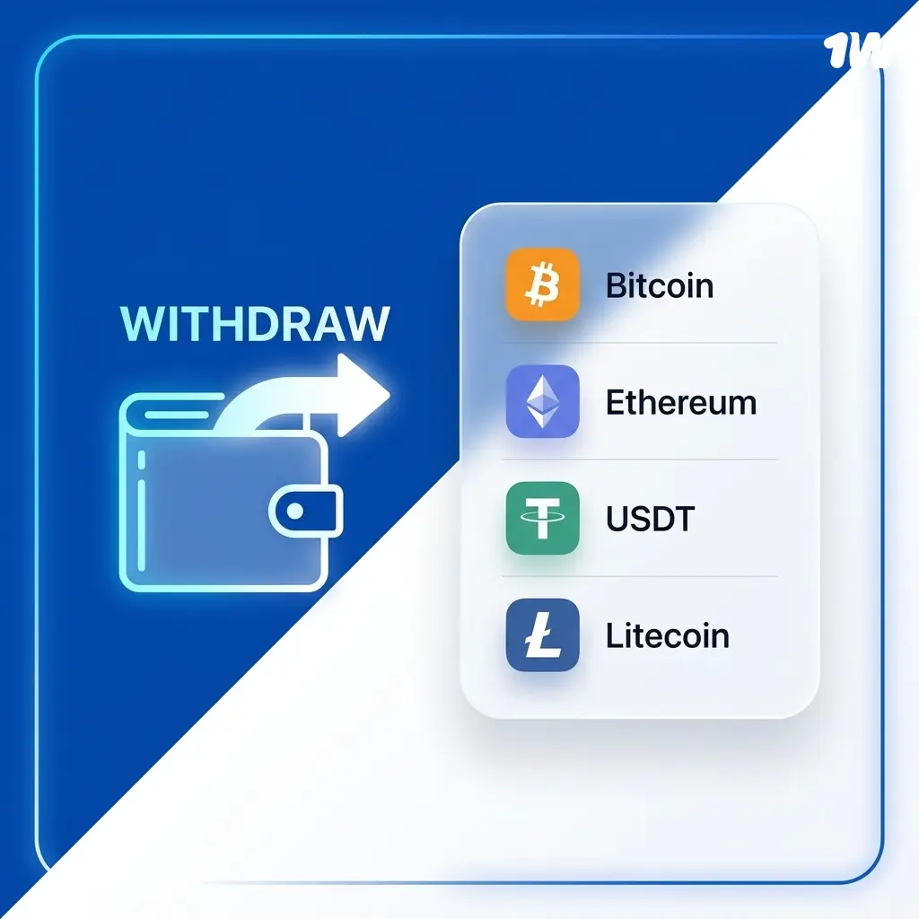 1w casino withdrawal methods showing Bitcoin, Ethereum, Tether, Litecoin, and Ripple crypto payout options