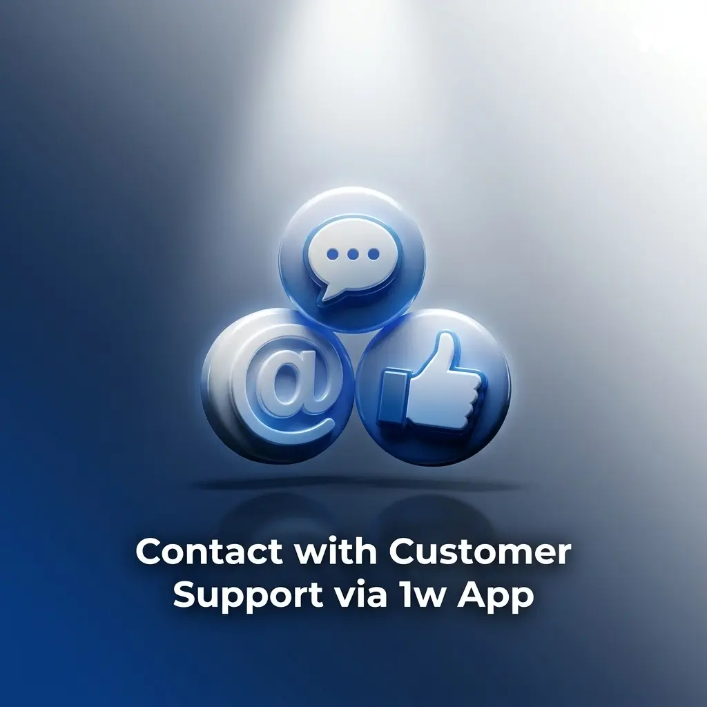 1w App customer support interface showing live chat, email, Telegram, and FAQ help options available 24/7