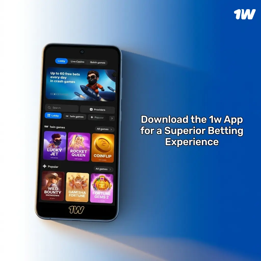1w app interface showing sports betting and casino features on Android and iOS with fast crypto deposits and live odds