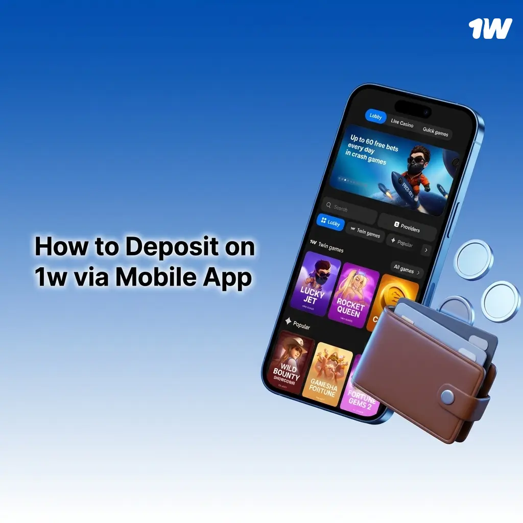 1w mobile app deposit guide showing crypto deposit steps on iOS and Android with QR code and wallet address