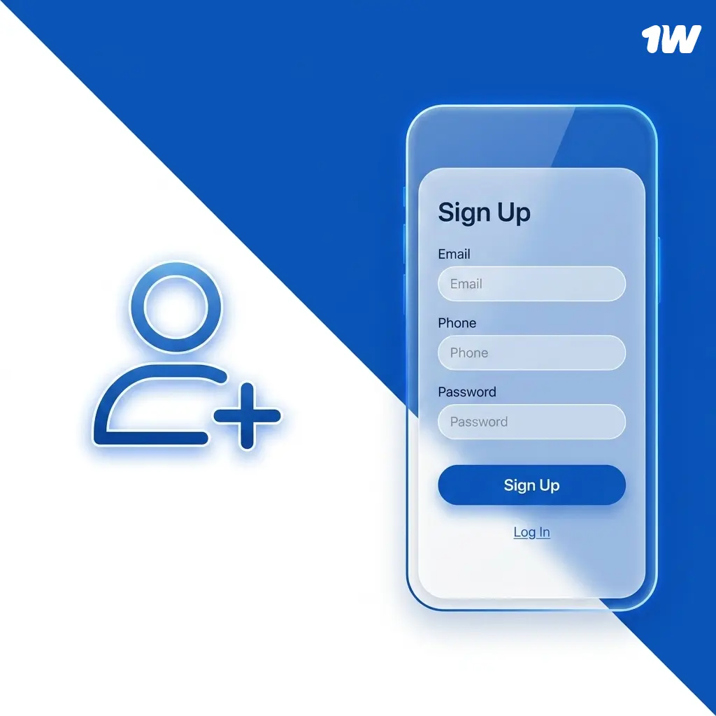 Step-by-step 1w registration process showing sign-up form with email, phone, and social media options