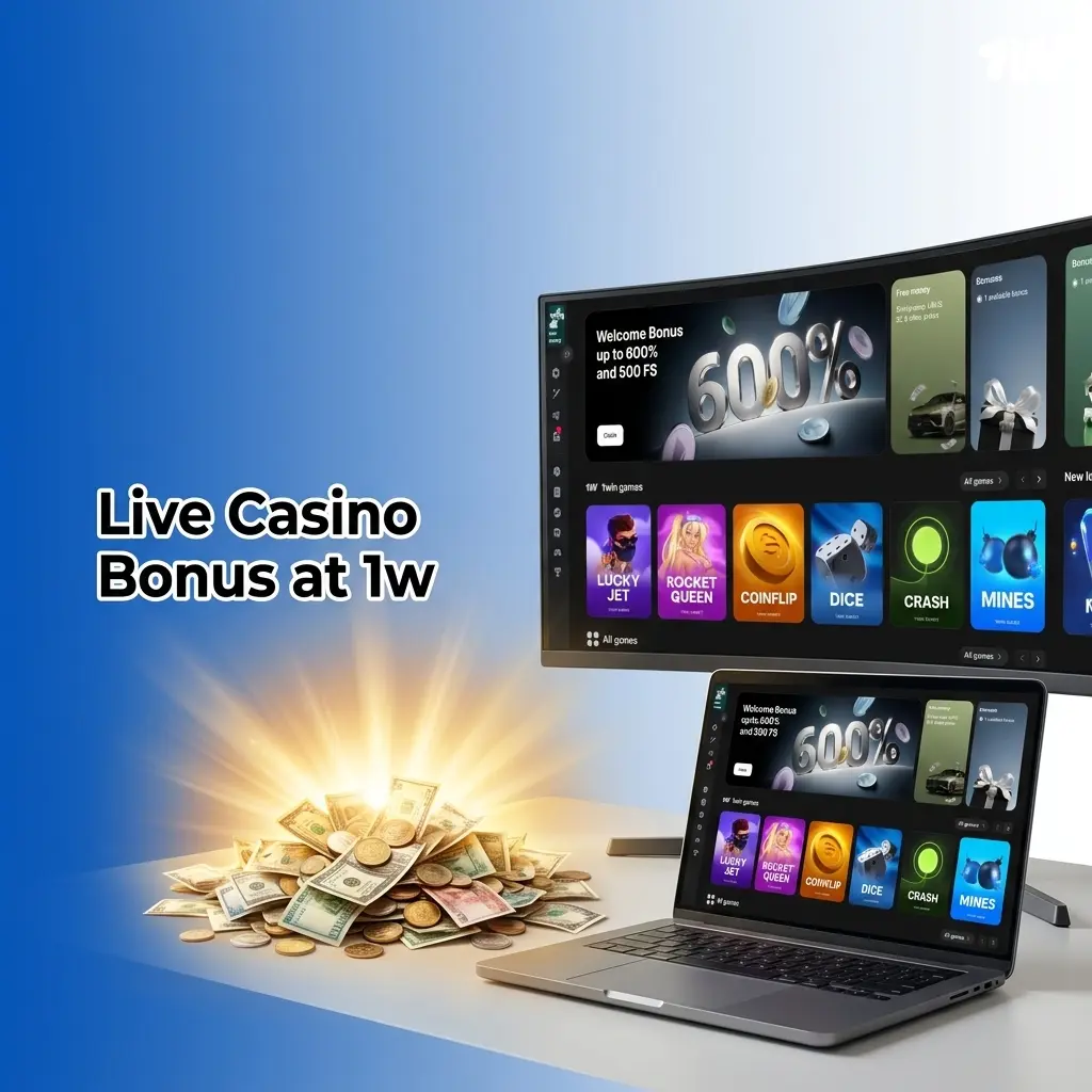1w Live Casino welcome bonus offering up to 600% plus 500 Free Spins for new players on first deposits