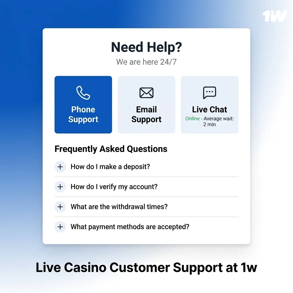 1w live casino customer support channels including live chat, email, Telegram, and FAQ help centre available 24/7