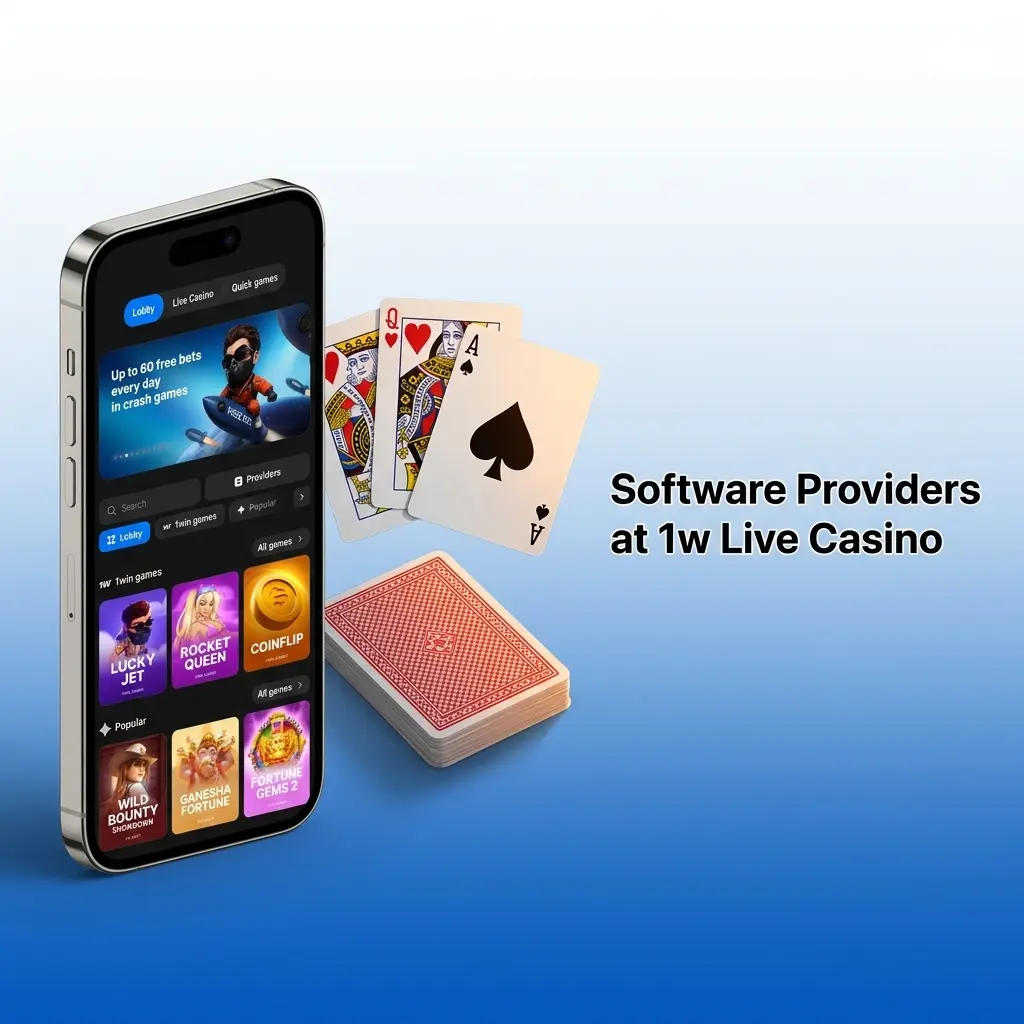 1w Live Casino software providers including Evolution, Ezugi, Pragmatic Play, Playtech, Bombay Live, and Supernowa